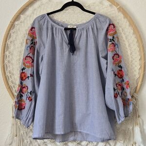 NWT World Market Boho Embroidered Floral Sleeve Blouse - Blue Stripe Size L/XL